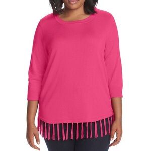 Pink Plus Size 3/4 Sleeve Fringe Sweater